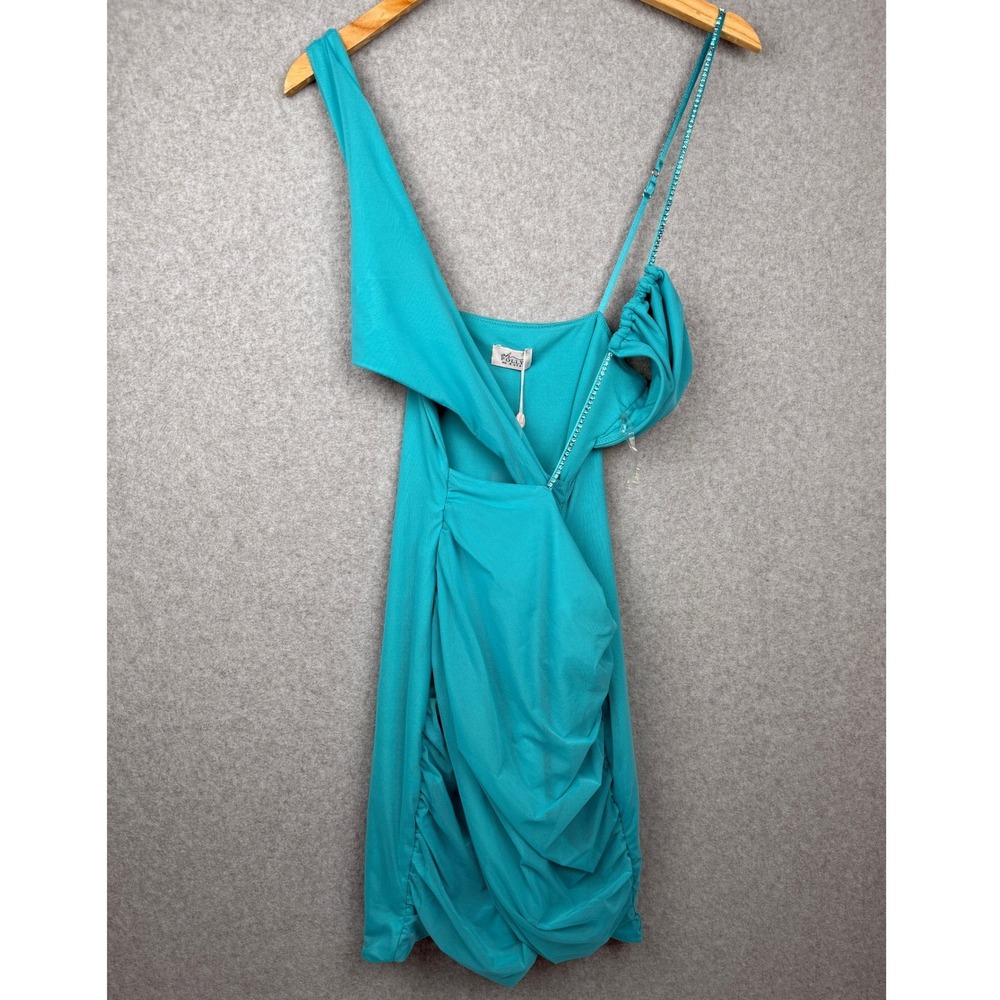 Oh Polly Dress Womens 4 Turquoise Mini Bodycon Ruched Rhinestone Strap NEW